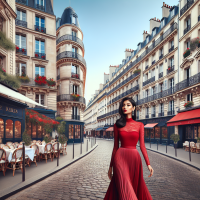 Créer une femme sexy en robe rouge dans les rues de Paris