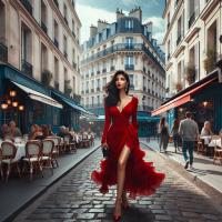Créer une femme indienne sexy en robe rouge dans les rues de Paris