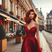 Créer une femme rousse sexy en robe rouge dans les rues de Paris